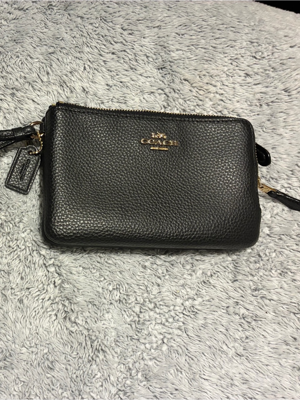 Coach Black Pebbled Leather Zip Wristlet with Gold Logo